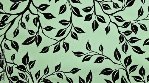 A pattern of black and green leaves on a green backdrop celebrates nature with bold outlines and flat colors.