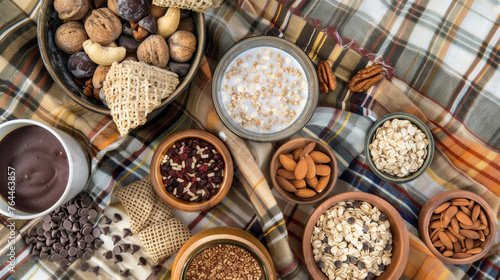 A cozy picnic blanket complete with warm oatmeal cold milk and an assortment of toppings such as nuts dried fruits and chocolate chips.