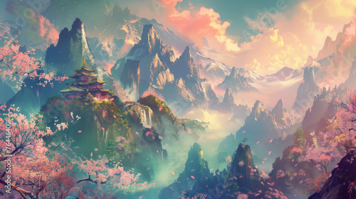 A screen presents colorful mountains  romanticizing nature with punctured canvases.
