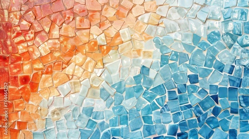 A mosaic tile pattern forms a wall background  featuring an abstract digital photo in light crimson and blue  data visualization  and light sky-blue and orange.