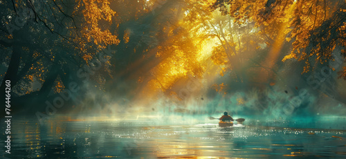 A person kayaks in a river through a forest under the sunrise and sunshine, presenting a soft, romantic landscape in yellow.