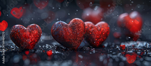Several hearts appear on a dark background, glittery and shiny in red and black, forming miniature dioramas.