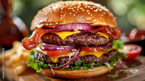 Big delicious cheeseburger stacked high with a bacon  beef patty  coleslaw  cheese  lettuce  red onion and tomato on sesame seed bun served on wooden cutting board.