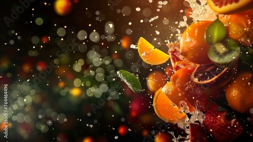 Bokeh photo of photorealistic explosion fruits with colourful splashes on dark background