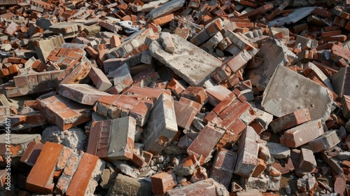 Piles of bricks and concrete mix with shattered glass evidence of the severe damage inflicted by the earthquake.