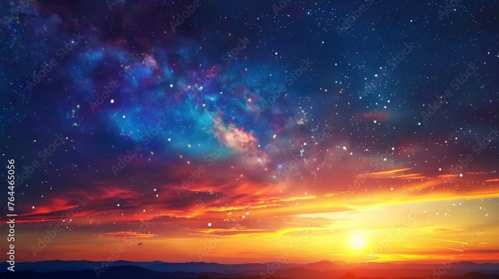 Epic sunset and stars of the milky way. Spirituality and tranquility of the landscape.