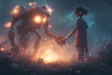 A cyborg girl shakes hands with an old robot in the forest