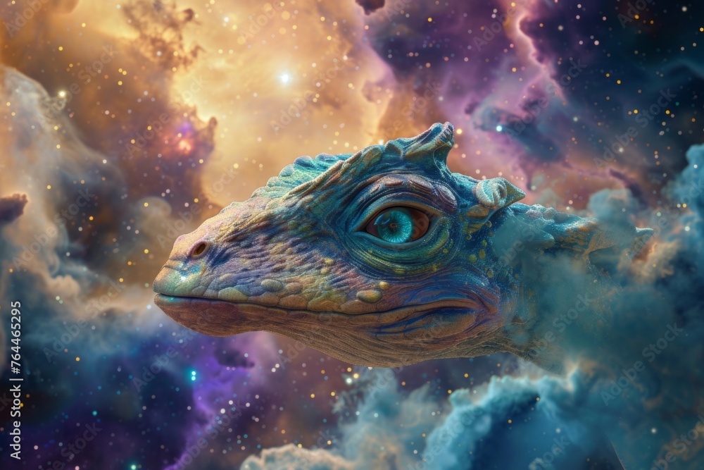 a mysterious giant dragon-like lizard creature in the clouds of space a mysterious giant dragon-like lizard creature in the clouds of space