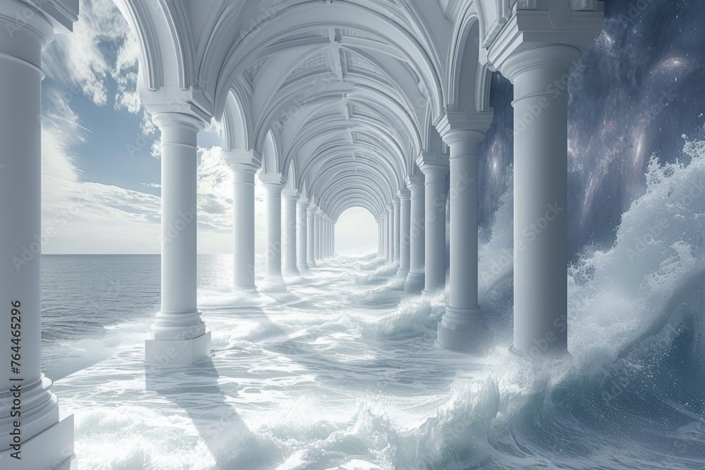 Fototapeta premium a great fantasy white corridor in the middle of the sea surrounded by waves