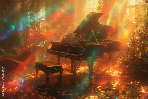 Piano in fantasy room with magical light