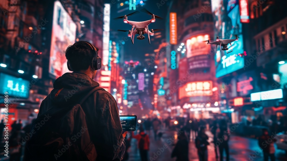 Futuristic Cityscape with Drones Monitoring Public Order and Environment Futuristic Cityscape with Drones Monitoring Public Order and Environment