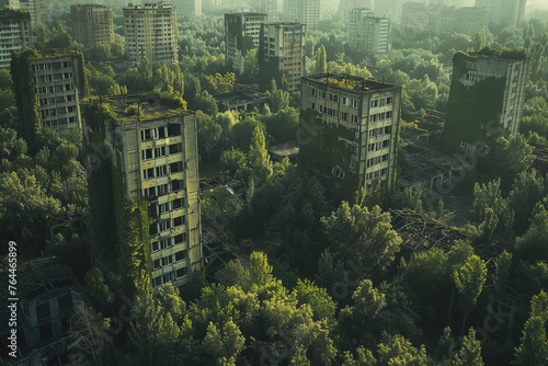 A post-apocalyptic city covered by forest
