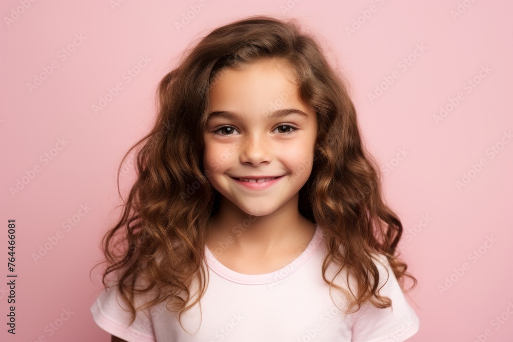 Portrait of a beautiful smiling little girl with long curly hair on a pink background Portrait of a beautiful smiling little girl with long curly hair on a pink background