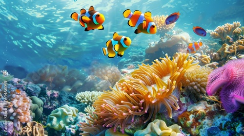 Cute anemone fish playing on the coral reef, beautiful color clownfish on coral reefs, anemones on tropical coral reefs