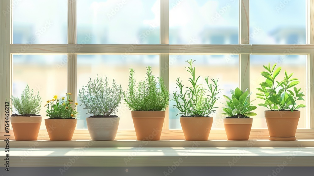 Different aromatic potted herbs on windowsill indoors Different aromatic potted herbs on windowsill indoors