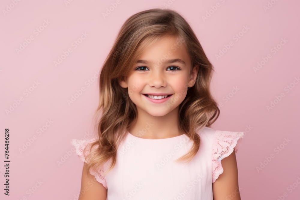 Portrait of a smiling little girl with long curly hair on a pink background Portrait of a smiling little girl with long curly hair on a pink background