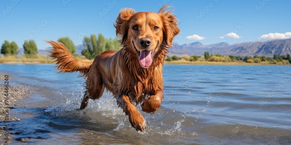 a dog is running in the water on a beach