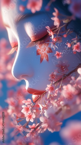 Close-up of a beautiful Japanese geisha's face with dark makeup next to pink cherry blossom petals photo