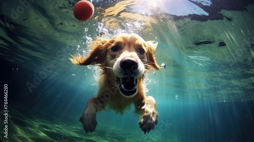 Carnivore Canidae dog swimming underwater with ball in its mouth photo