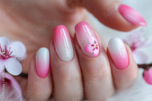 A professional manicure with pink and white ombre nails and a flower on the ring finger photo
