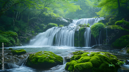 The dynamic flow of waterfalls over moss-covered boulders  showcasing the harmonious interplay of water and greenery