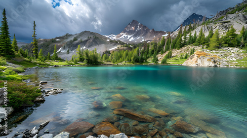 The drama of storm clouds gathering over turquoise mountain lakes  emphasizing the contrast of vibrant waters and impending weather.