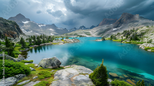 The drama of storm clouds gathering over turquoise mountain lakes, emphasizing the contrast of vibrant waters and impending weather.
