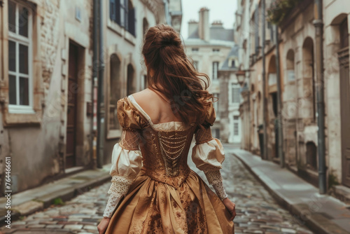 A woman in a vintage 18th-century dress is walking along a cobblestone street. © mila103