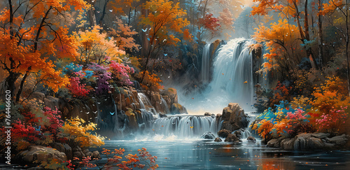 Waterfall in autumn, beautiful landscape. Created with Ai