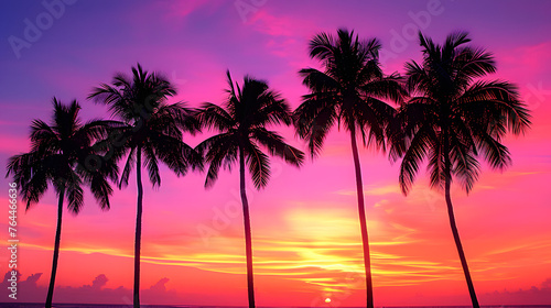 Tropical twilight with palm trees silhouetted against sunset skies, conveying the serene beauty of island landscapes © Samira