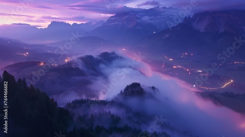 Mountains in fog on beautiful autumn night in Dolomites, Italy, landscape with alpine mountain valley, low clouds, forest, purple sky with stars, city lights at sunset, Passoggio aerial view