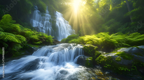 The dynamic flow of waterfalls through sunlit fern-covered gorges, showcasing the verdant beauty of cascading waters