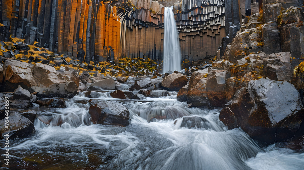 Obraz premium The dynamic flow of waterfalls over basalt columns, turning the scene into a cascade symphony