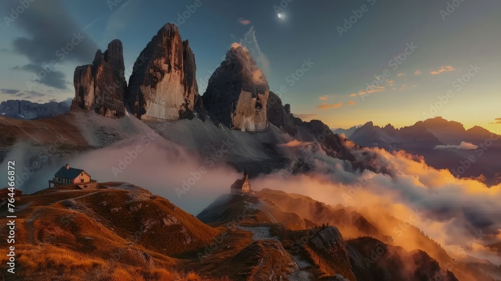Mountains in fog with beautiful house and church at night in autumn. Landscape with high rocks, blue sky with moon. Rocky mountain peaks in clouds. Tre Cime in Dolomites, Italy. Alps at sunset in fall
