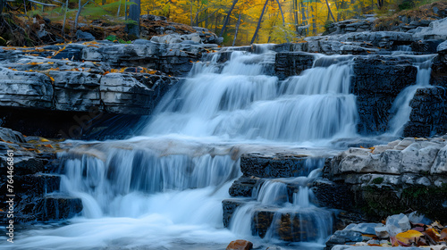 The dynamic flow of waterfalls over granite rock formations  turning the scene into a cascade symphony