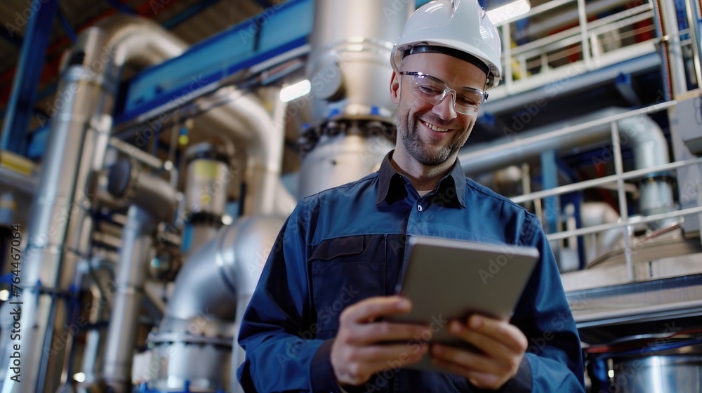 Experienced engineer in hard hat using a tablet, standing in an industrial plant with machinery in the background Experienced engineer in hard hat using a tablet, standing in an industrial plant with machinery in the background