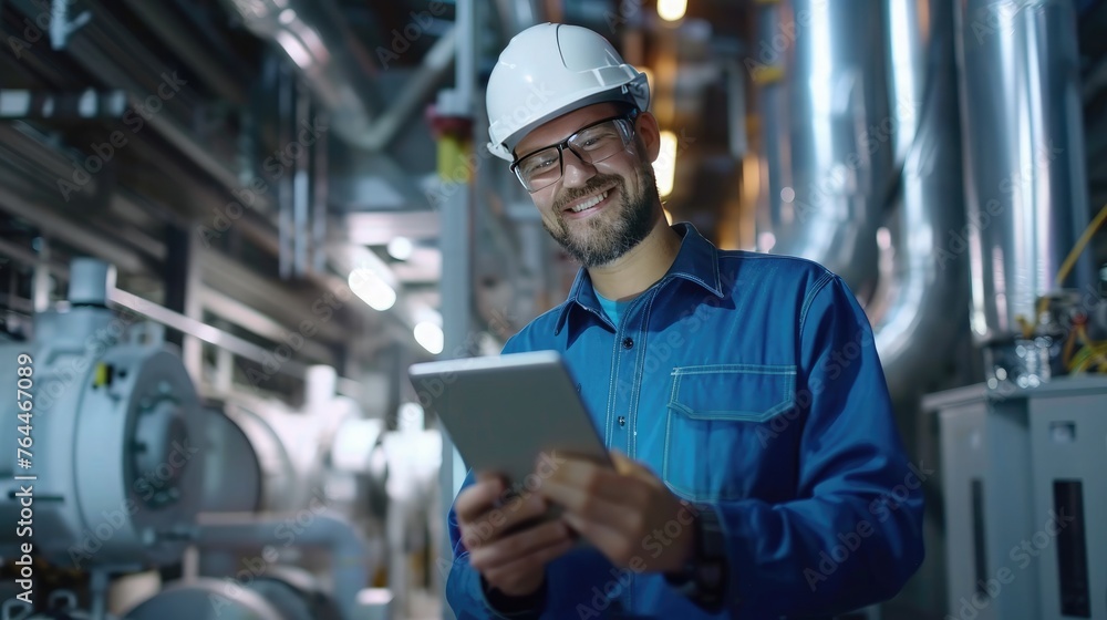 Experienced engineer in hard hat using a tablet, standing in an industrial plant with machinery in the background Experienced engineer in hard hat using a tablet, standing in an industrial plant with machinery in the background