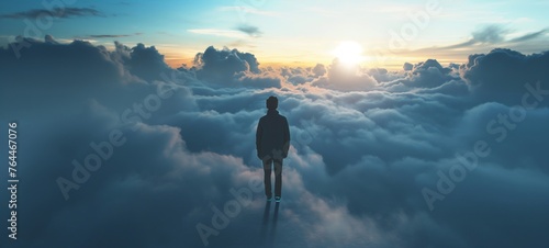An esper man was flying above the clouds with a grand view photo