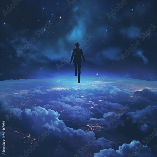 An esper man was flying above the clouds with a grand view