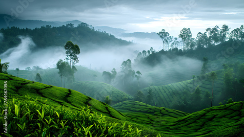 Ethereal morning fog rolling over rolling tea plantations, creating a mystical atmosphere in the misty landscapes