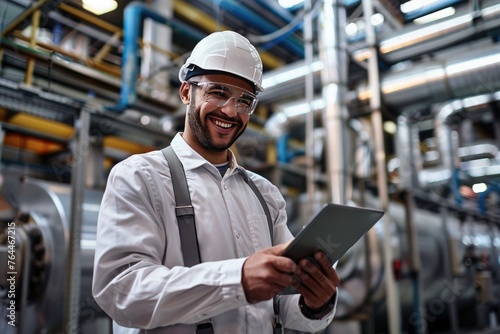 Experienced engineer in hard hat using a tablet, standing in an industrial plant with machinery in the background