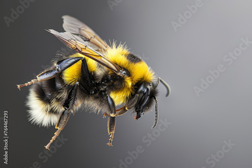 A bumblebee, yellow and fuzzy, hovers mid-air. Its striped abdomen points upward, ready for adventure. © mila103