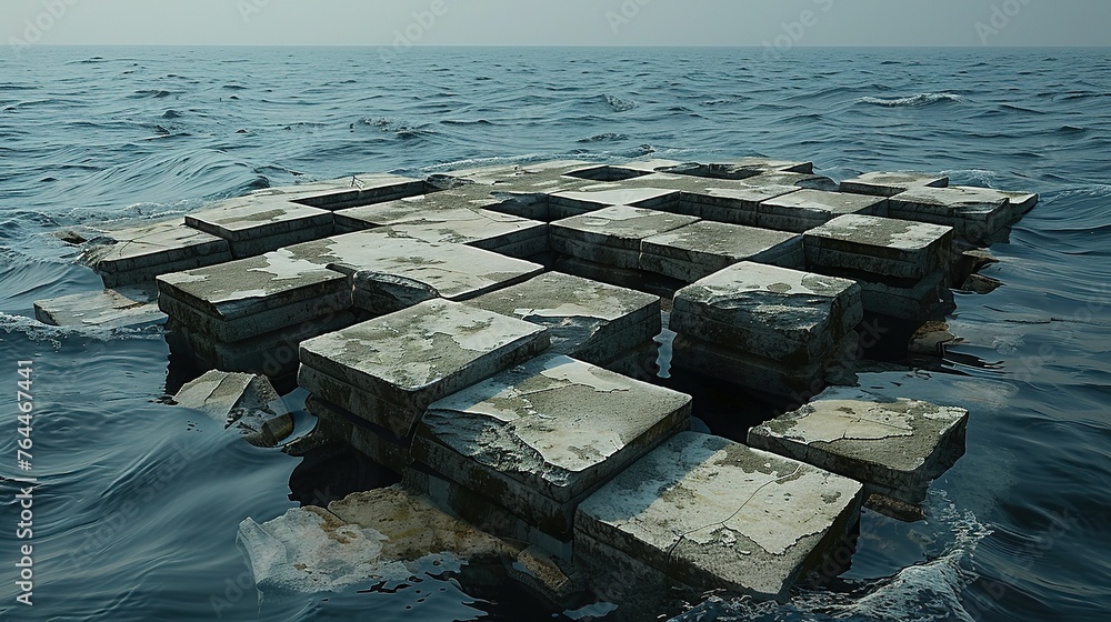 Surreal landscape of a broken chessboard floating over an endless sea, with pieces slowly sinking, representing strategic loss and contemplation Surreal landscape of a broken chessboard floating over an endless sea, with pieces slowly sinking, representing strategic loss and contemplation