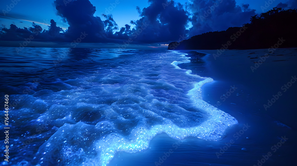 Luminous bioluminescent waves breaking under the midnight sky, revealing the magical glow of marine life in the dark