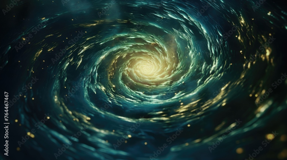 Gold Dust Particles Creating Spiral Waves in a Blue Liquid with a Green Tint. A whirlpool of shiny particles in a dark green thick fluidity Gold Dust Particles Creating Spiral Waves in a Blue Liquid with a Green Tint. A whirlpool of shiny particles in a dark green thick fluidity