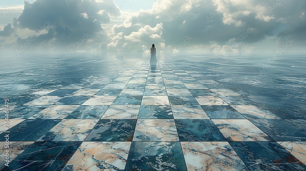 Surreal landscape of a broken chessboard floating over an endless sea, with pieces slowly sinking, representing strategic loss and contemplation - obrazy, fototapety, plakaty 