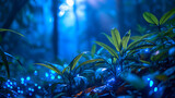 Fluorescent flora with bioluminescent plants in nighttime rainforests, creating a neon oasis of natural illumination