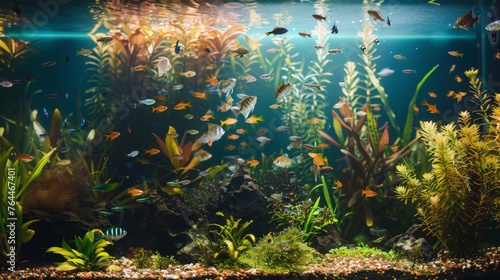 Reef tank, marine aquarium full of fishes and plants. Tank filled with water for keeping live underwater animals. Gorgonaria, Clavularia. Zoanthus. Zebrasoma. Percula. Oxycirrhites typus, Bleeker. © peerawat