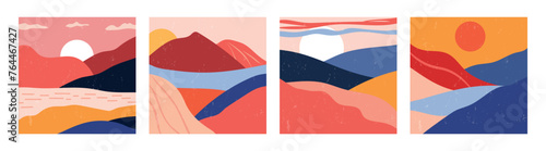 Set of abstract landscape banners. Trendy flat backgrounds mountain landscapes. Poster about nature, sunset.