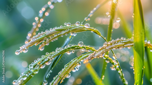 Macro details of dew-kissed wild grass blades, revealing the intricate water droplets clinging to slender stems